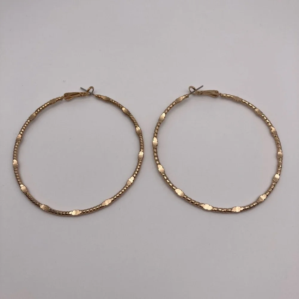 Gold Tone Textured Beaded Hoop Earrings Oversized 2.5 Inch Costume Jewelry